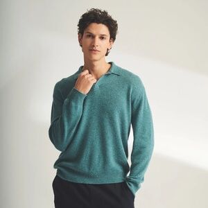 Naadam Lightweight Cashmere Relaxed Polo sz S in Heathered Jade Green NWT